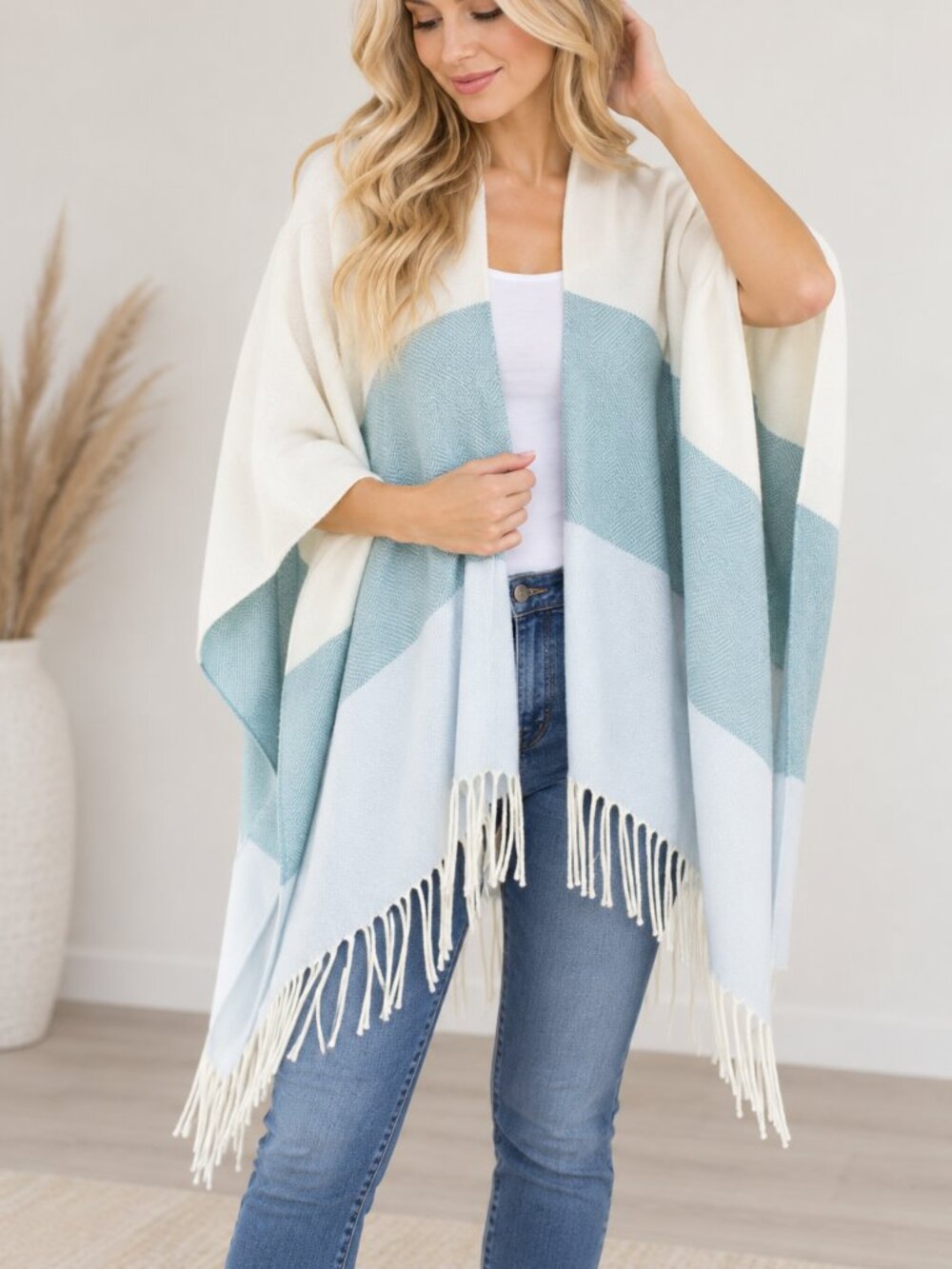 299. Stripe Poncho W/ Fringe
